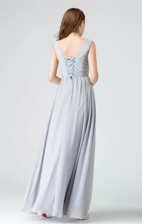 Chiffon A Line Pleated V Neck Maxi Dress