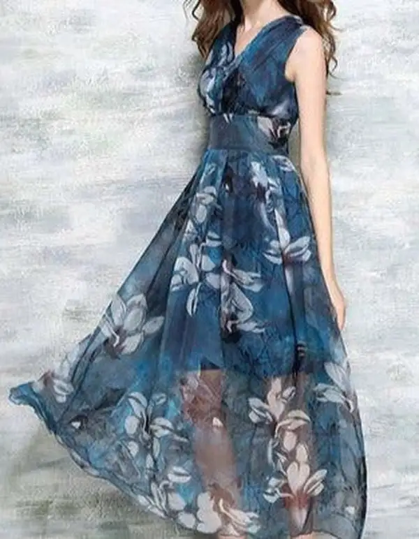 Blue Print V-Neck Maxi Dress