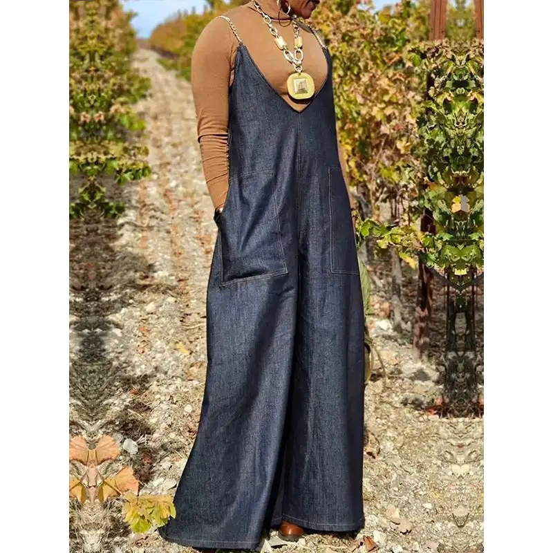 Lightweight Loose Sleeveless Pockets Split-Joint Spaghetti-Neck Overalls