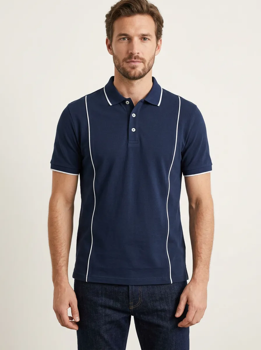 Men's Navy White Piping Contrast Pattern Polo Shirt