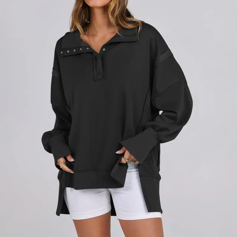Women's Sweatshirts Oversized Casual Loose Button Up Henley Pullover Top High Low Split Fall Fashion Outfits