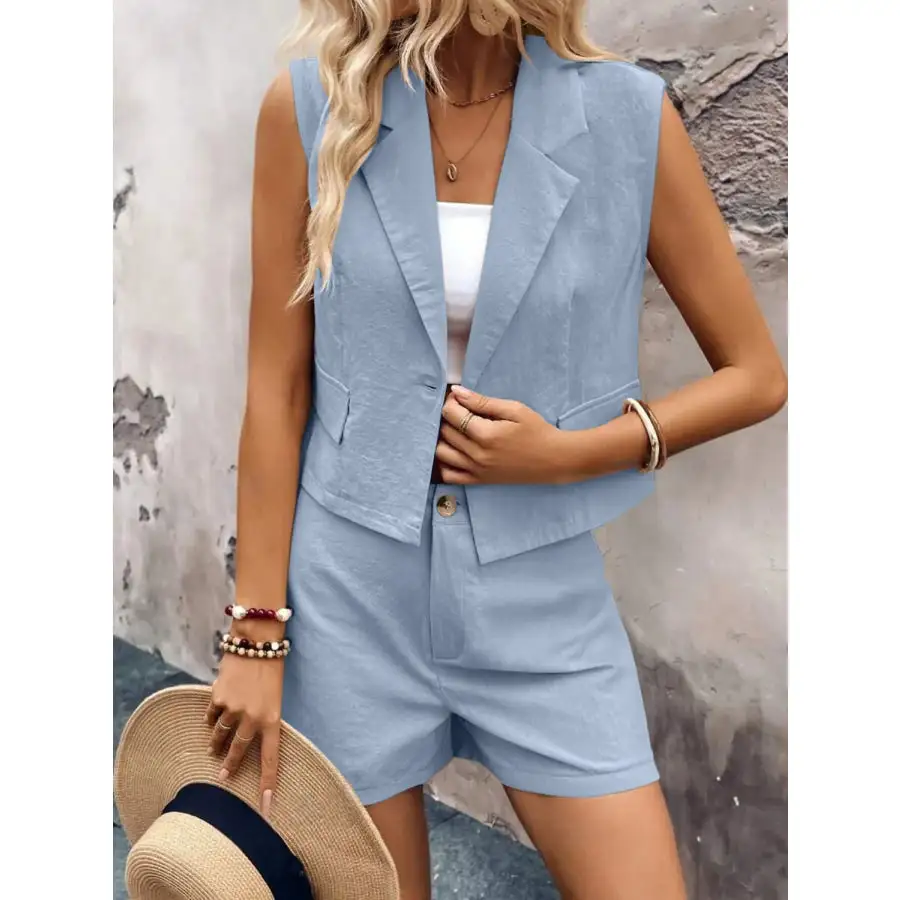 One Button Sleeveless Top and Shorts Set