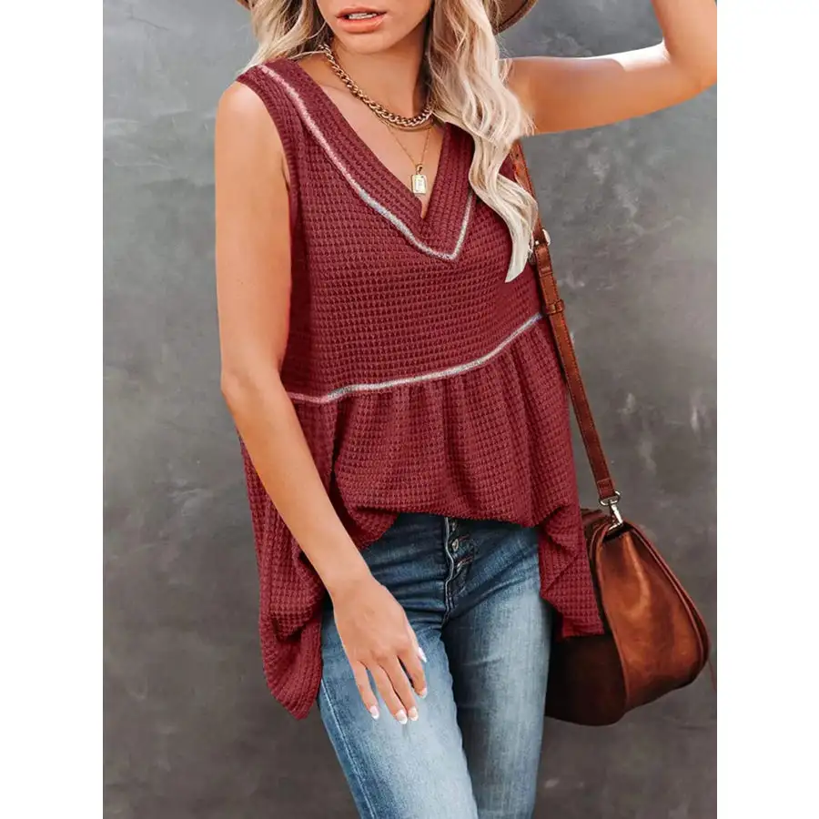 V Neck Waffle Knit Tank Top With