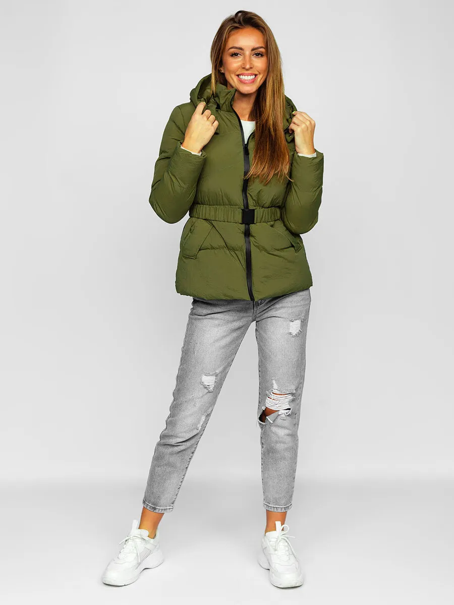 Khaki women's quilted winter jacket with hood