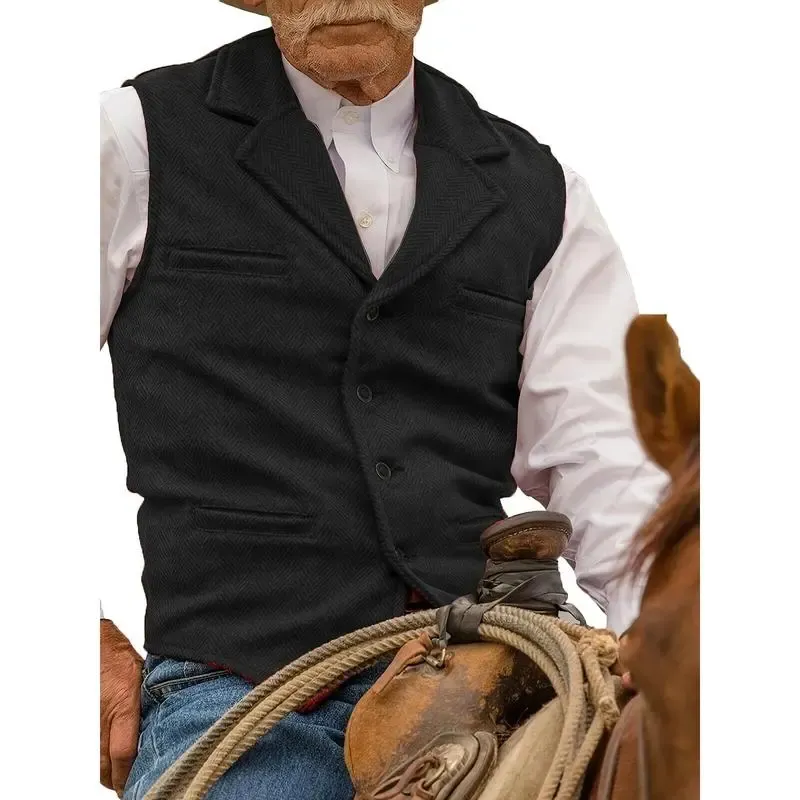 Men's Tweed Cowboy Vests Hunting Fishing Wool Herringbone