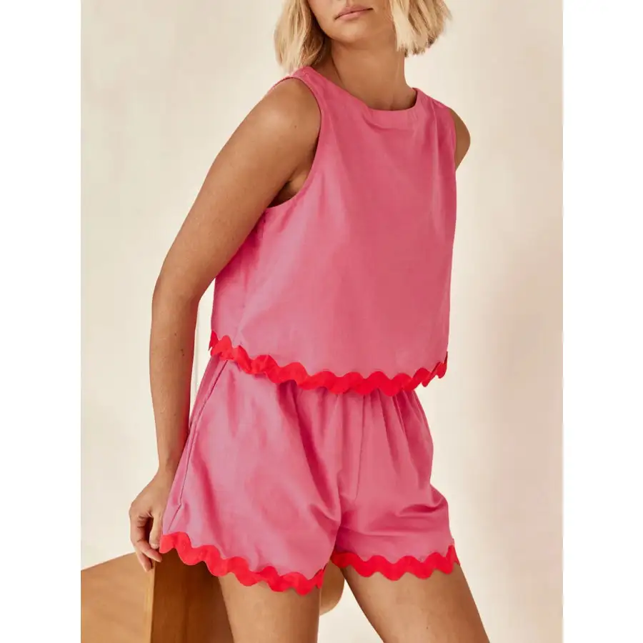 Contrast Trim Round Neck Tank and Shorts Set