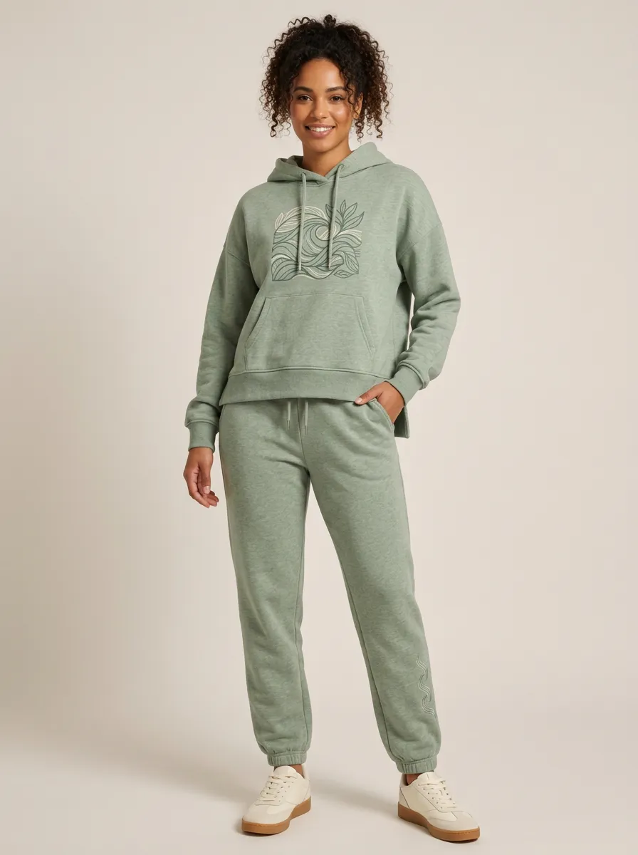 Women's Sage Green Drawstring Waist Solid Hoodie & Pants Set