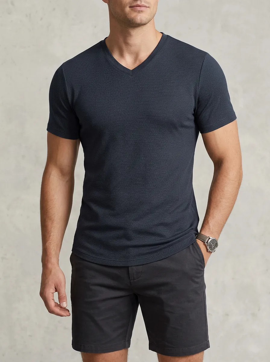 Casual Textured Curved Hem V-Neck Clean Look Men's Slim Fit Short Sleeve T-Shirt