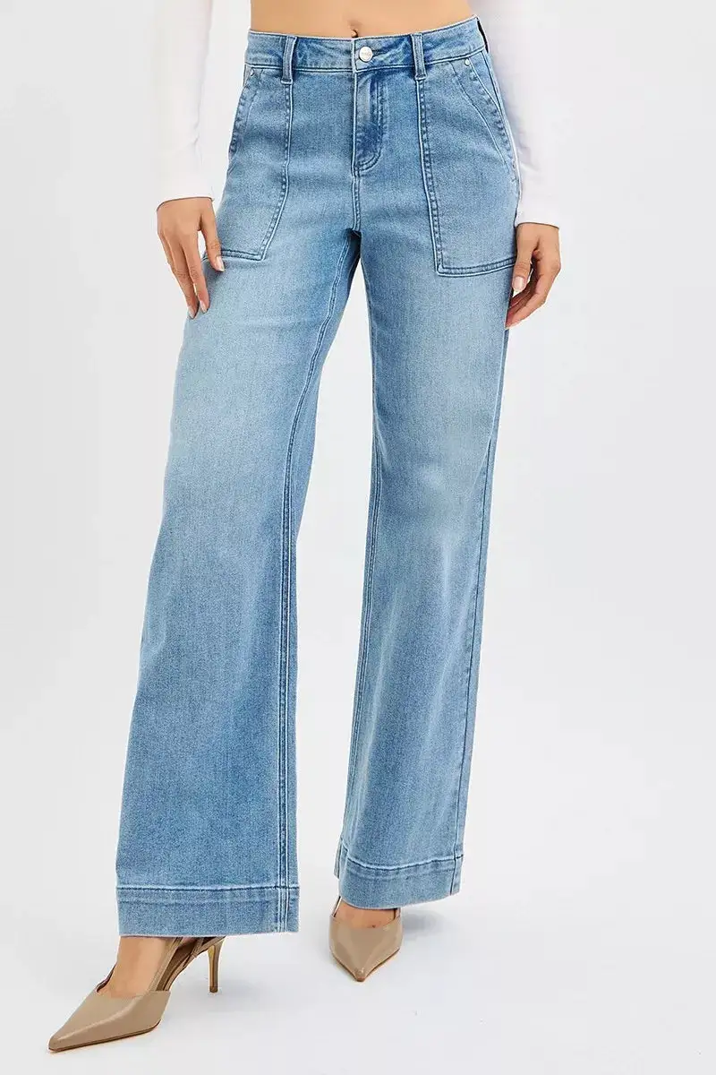Tailored High-Rise Washed Pocketed Stretch Straight Leg Jeans