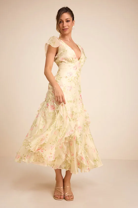 Deluca Light Green Floral Ruffled Midi Dress