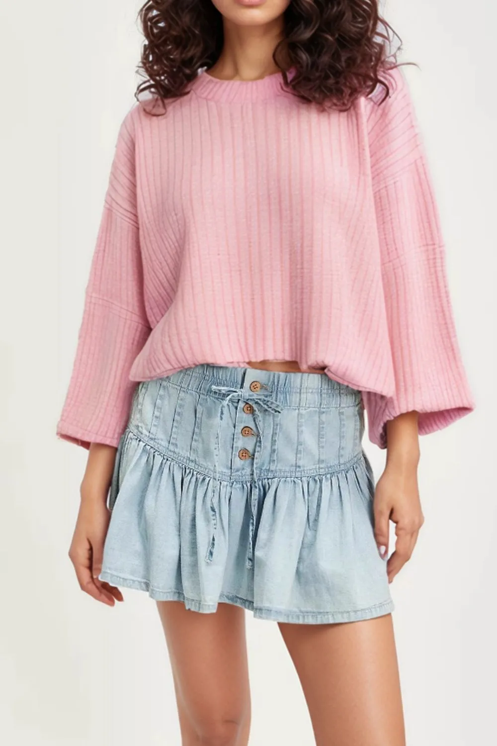 Button Front Ruffle Trim Skirt