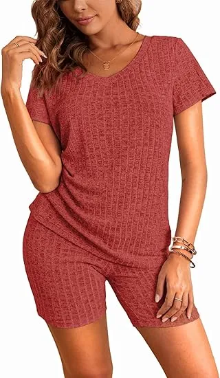 10PACK-Ribbed Pajama Short Sleeve Workout Set