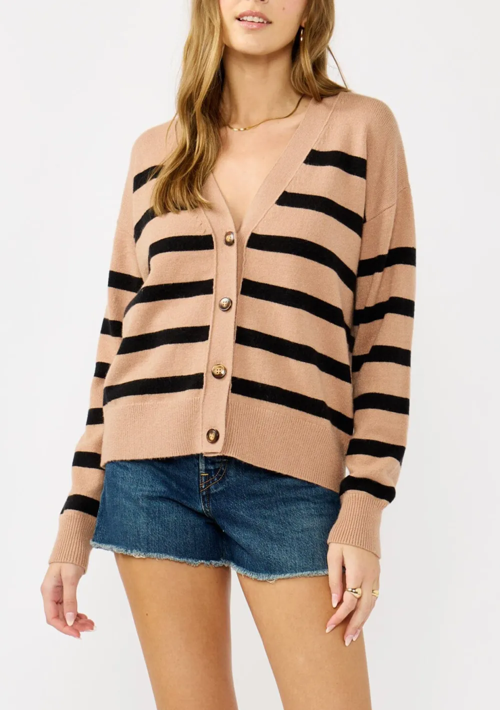 Striped Button V-Neck Cardigan