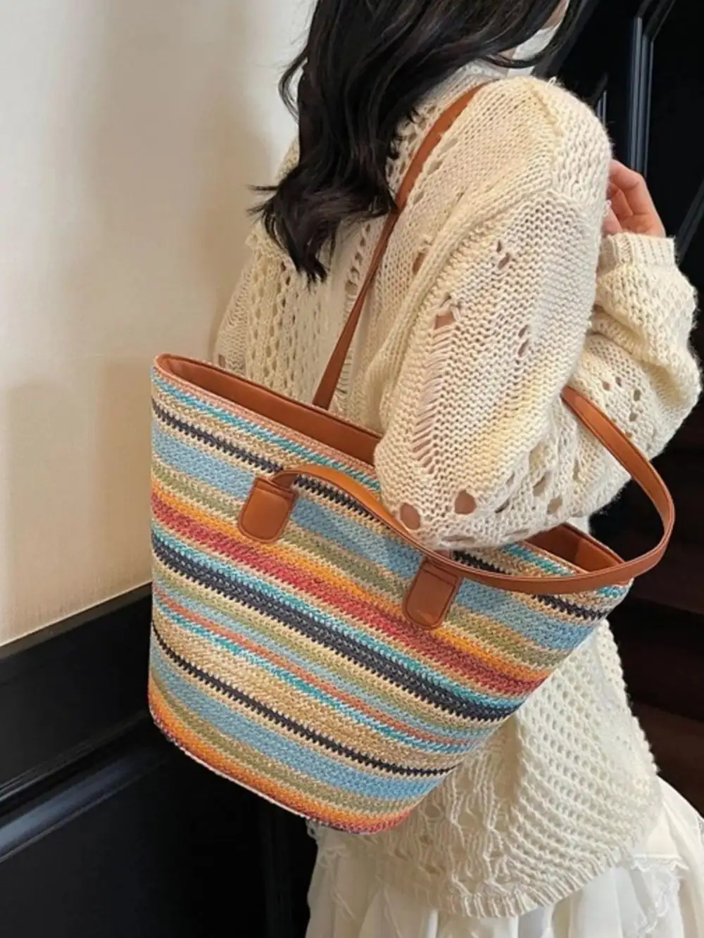 Striped Woven Shoulder Bag