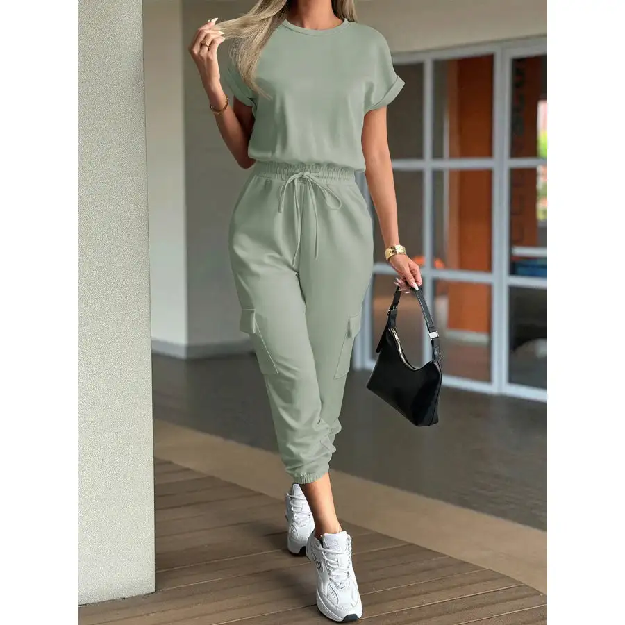 Round Neck Short Sleeve Top and Pants Set