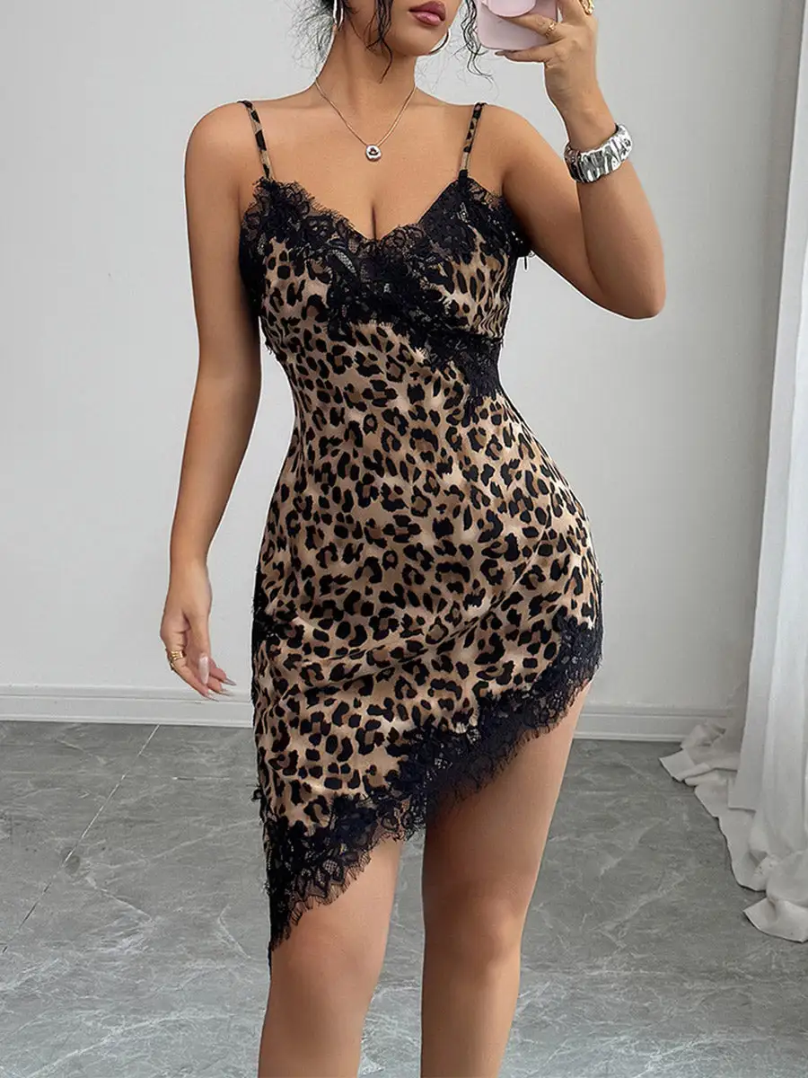 Bodycon Sleeveless Asymmetric Backless Leopard Split Joint Spaghetti Neck Mini Dress
