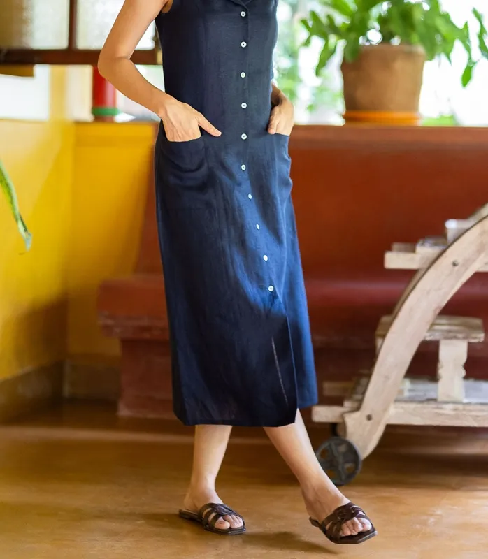 Navy Blue Linen Notch-Collar Dress