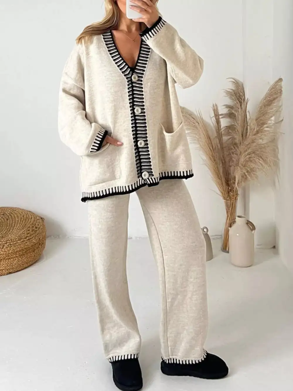 Button Up V Neck Cardigan and Pants Sweater Set