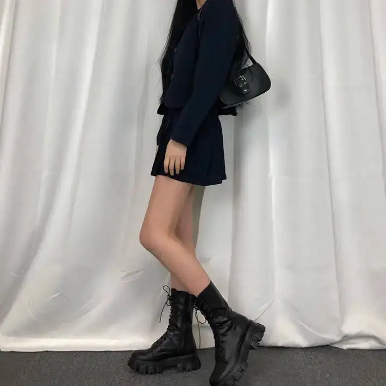Lace-Up Square-Heel Platform Knee-High Boots