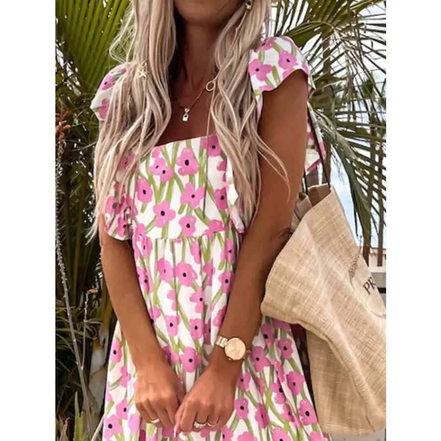 Ruffled Printed Cap Sleeve Midi Dress