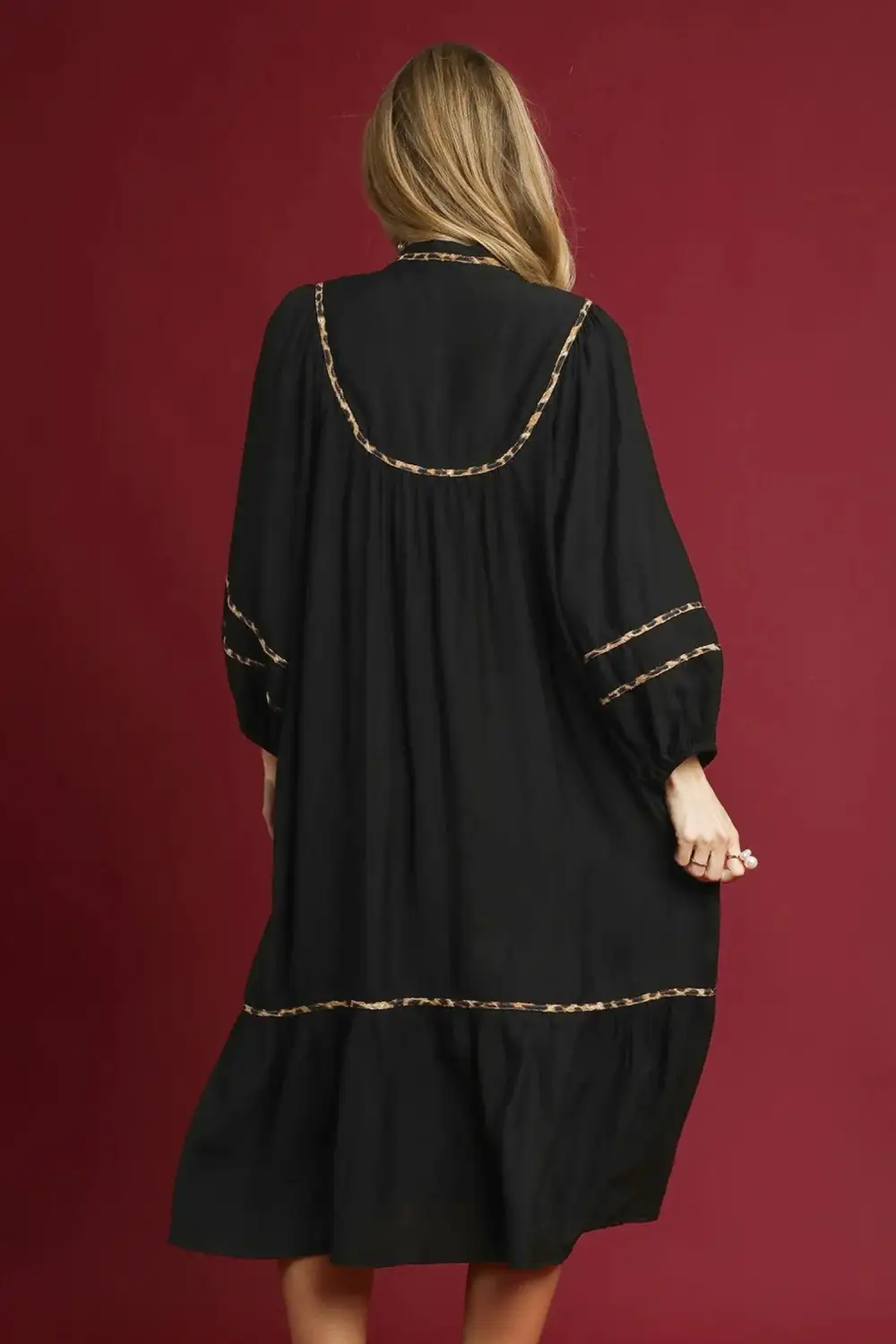 Leopard Print Long Sleeve Side Slit Contrast Trim Midi Dress