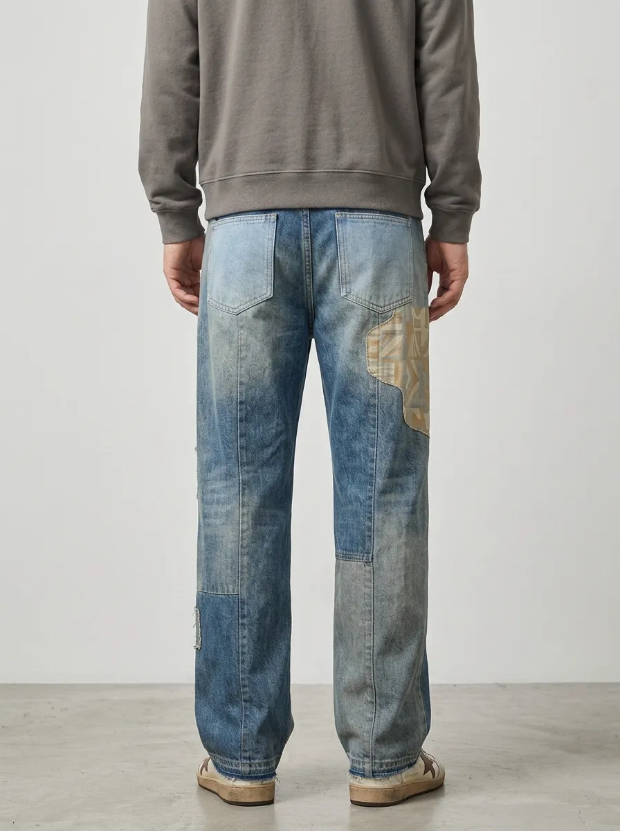 Men's Geometric Patchwork Vintage Wide Leg Jeans