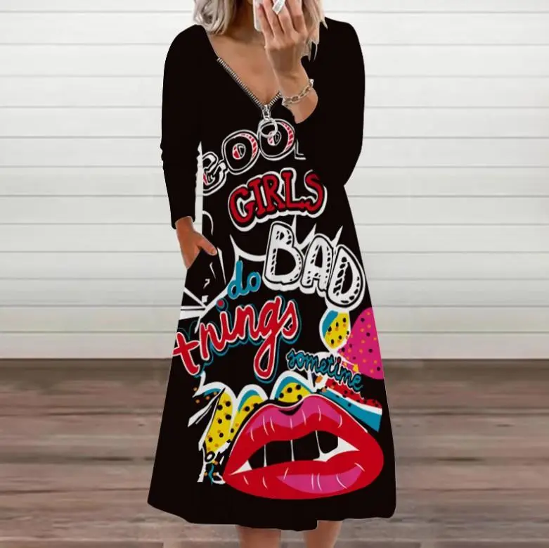 Zipper Printed V-Neck Long Sleeve Dress