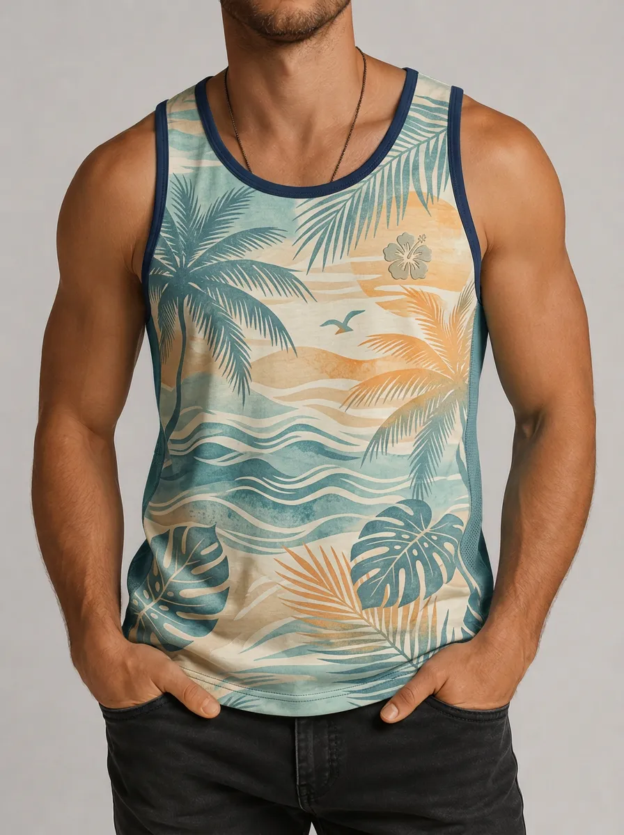 Men's Tropical Beach Lover Palm Tree Sunset Printed Tank Top with All Over Print