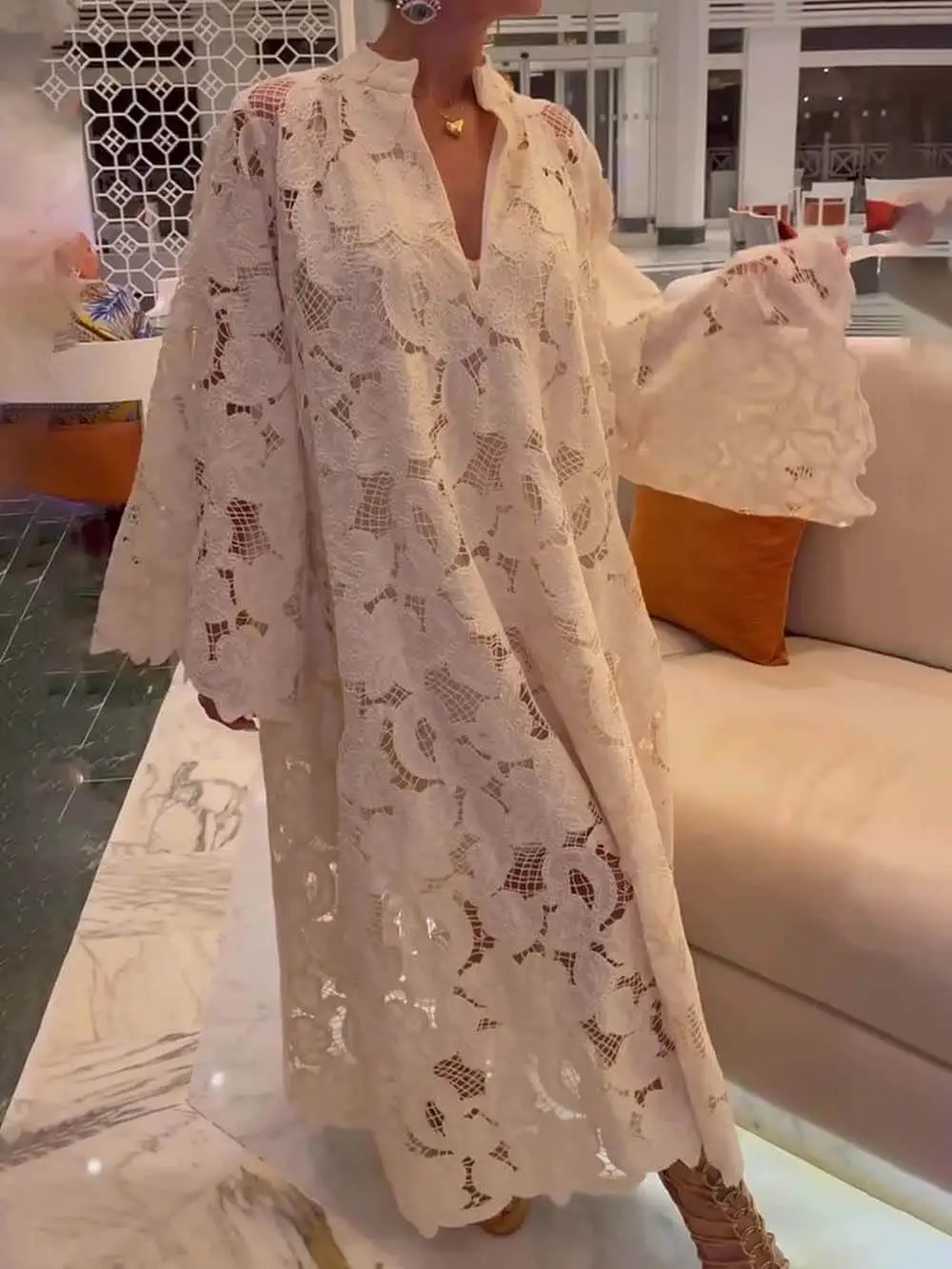 Casual Sleeve Lace V Maxi Dress