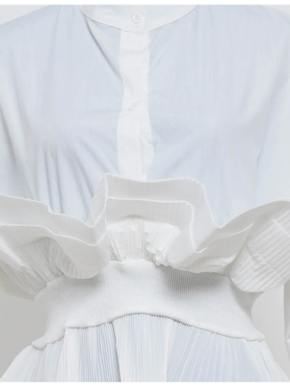 Chic Ruffle Pleated Lantern Sleeves Button Front Blouse