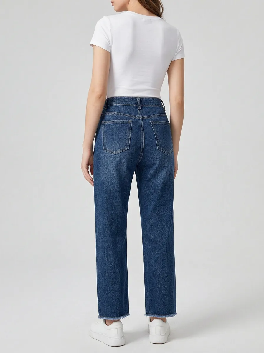 Women's High Waisted Patch Pocket Raw Hem Denim Jeans