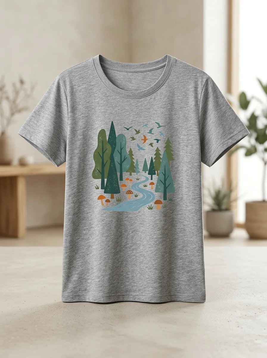 Women's Nature Forest River Mushroom Print Classic Crew Neckline Ribbed T-Shirt