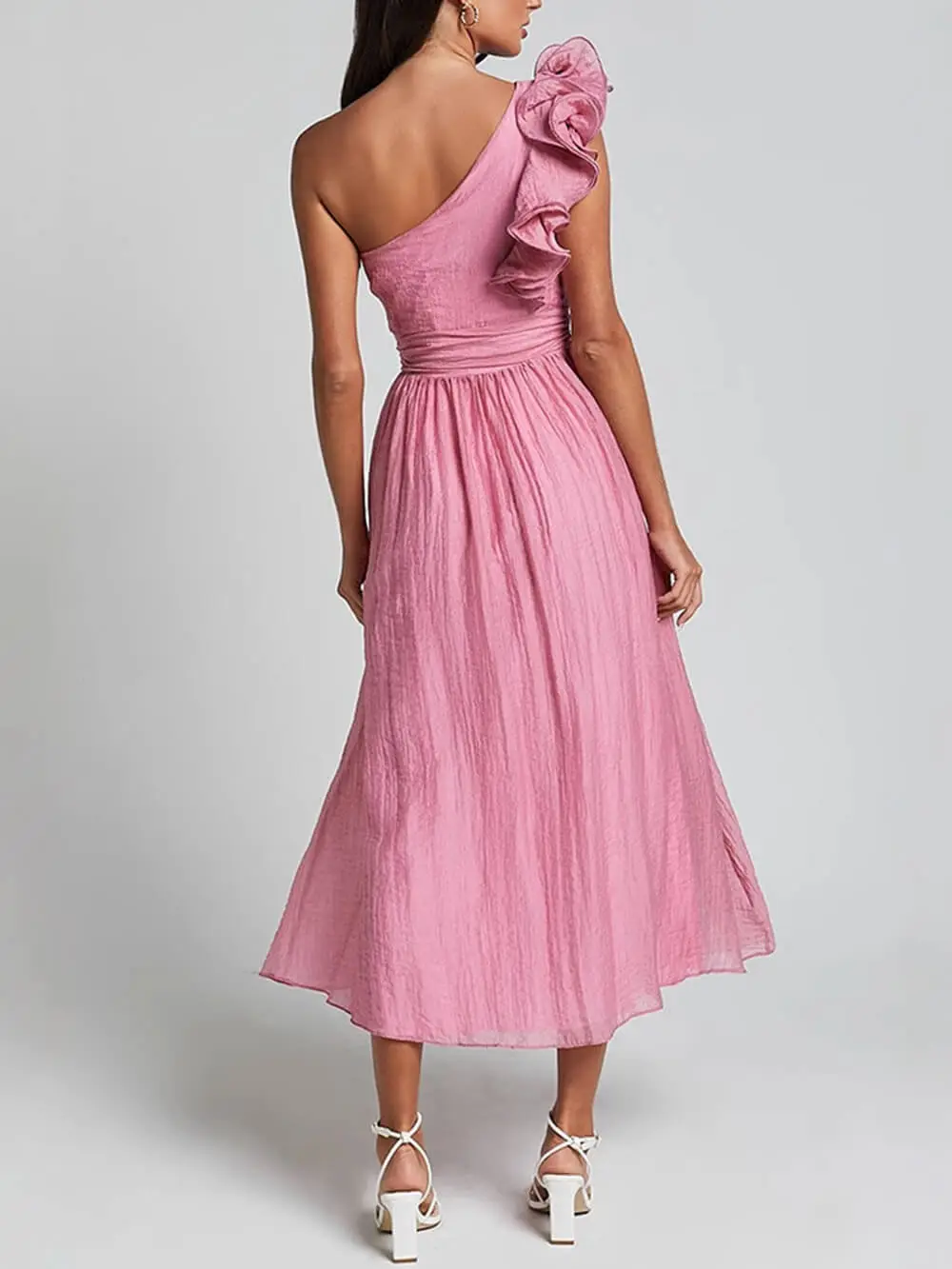 Romantic Seaside One Shoulder Frill Detail Midi Dress