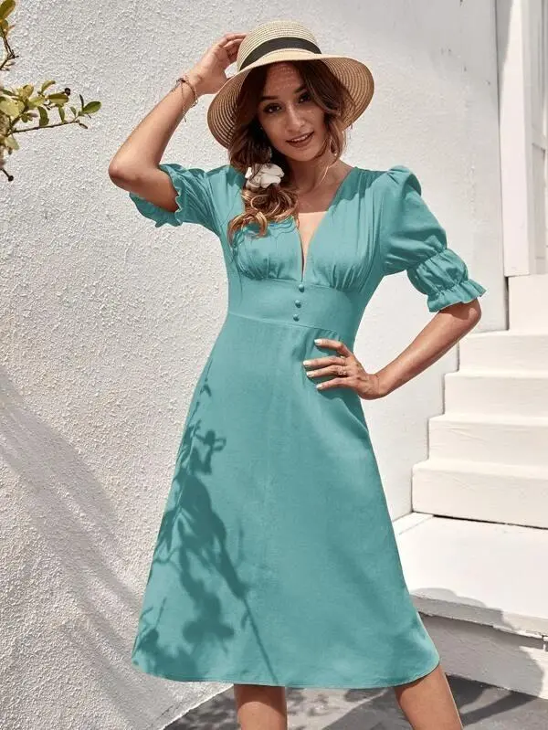Women Ruffle Cuff Button Front Dress