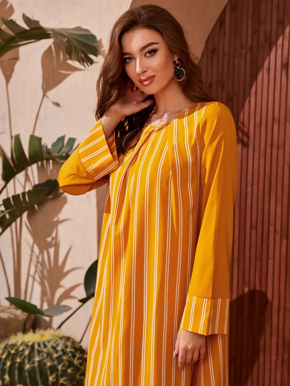 EMERY ROSE Vertical Striped Plicated Detail Tunic Dress