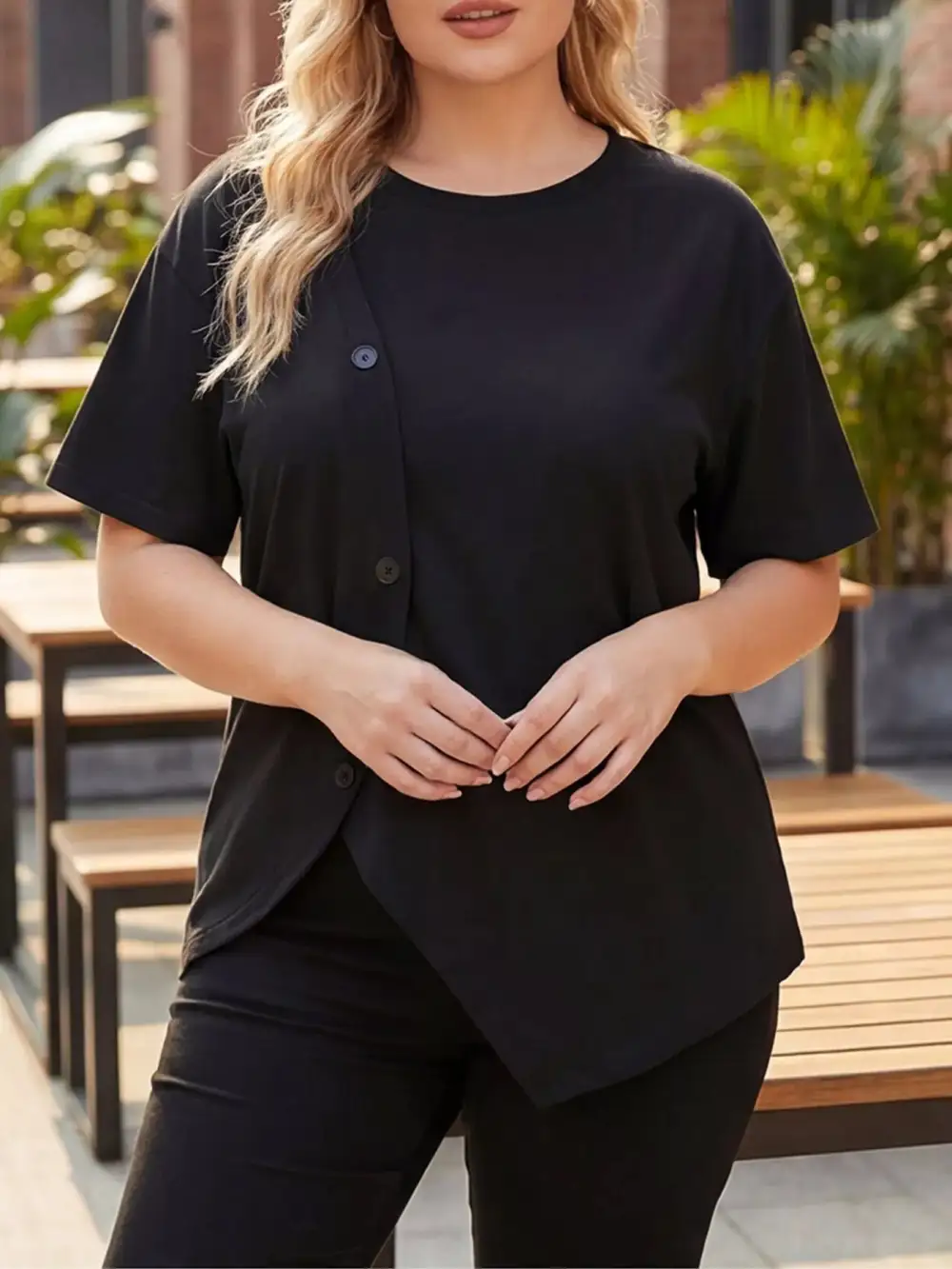 Plus Asymmetrical Button Decor Short Sleeve T