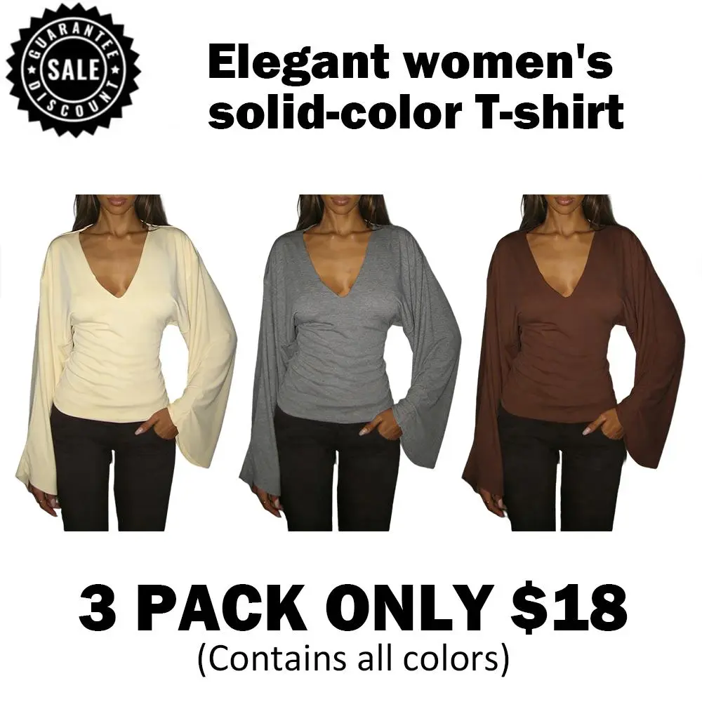 Elegant women's solid-color long-sleeved T-shirt, featuring a sexy deep V-neck and a slim-fit design