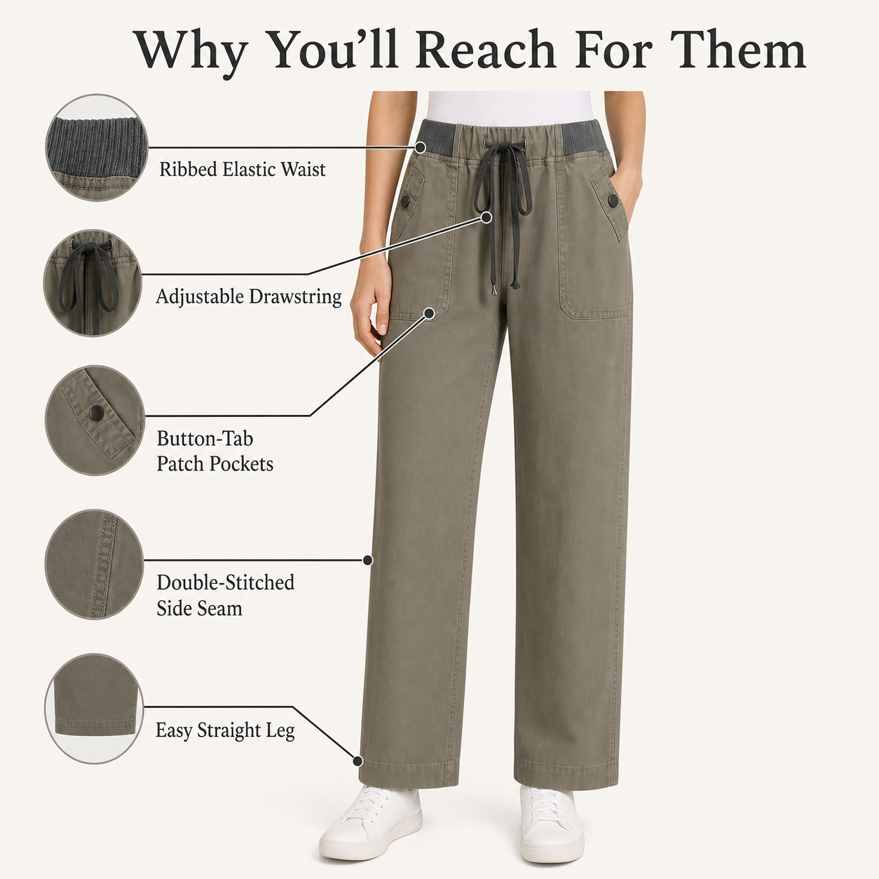 Women's solid seam detail drawstring mid-rise straight-leg pants detail