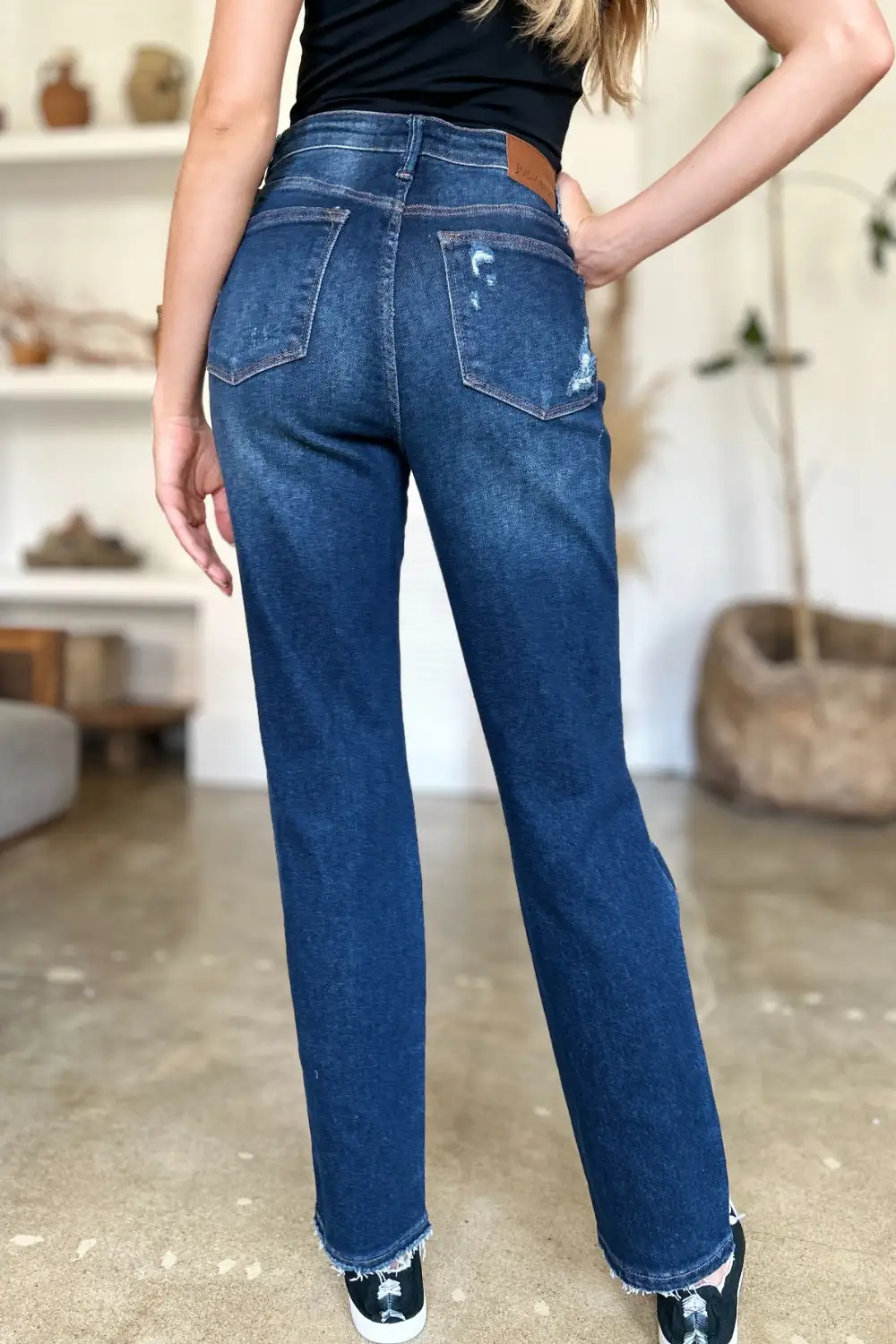 High-Waist Raw-Hem Distressed Washed Straight Leg Jeans