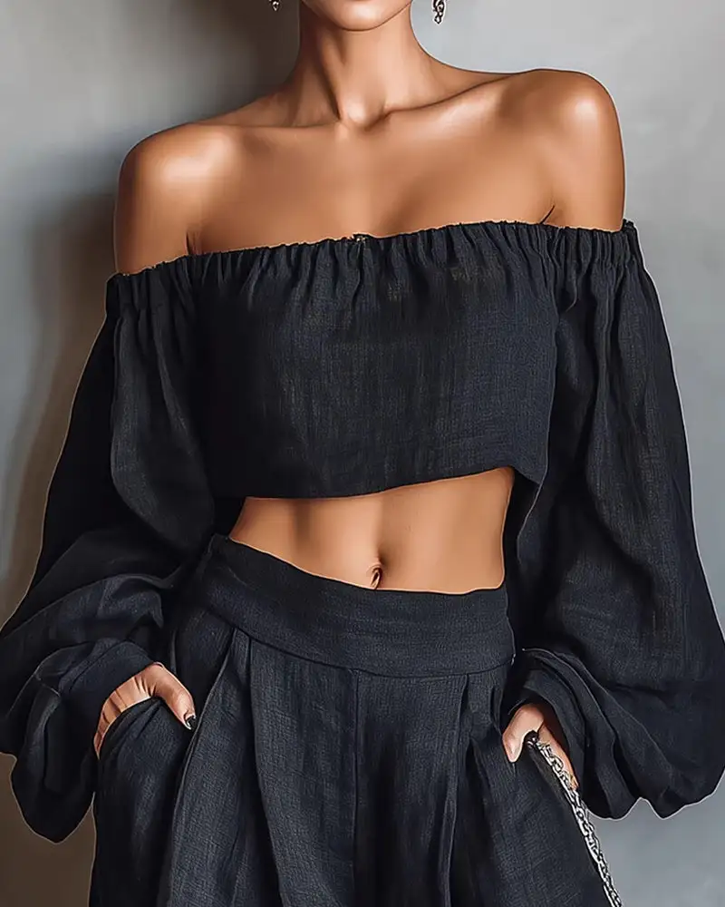 Off-Shoulder Crop Top and Wide Leg Pants Two-Piece Set