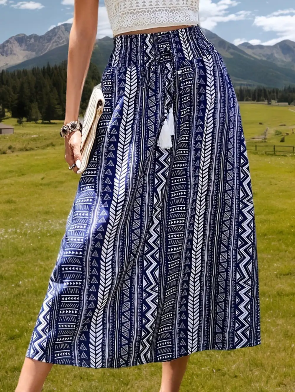 Boho Fringe Belt Tie Midi Skirt