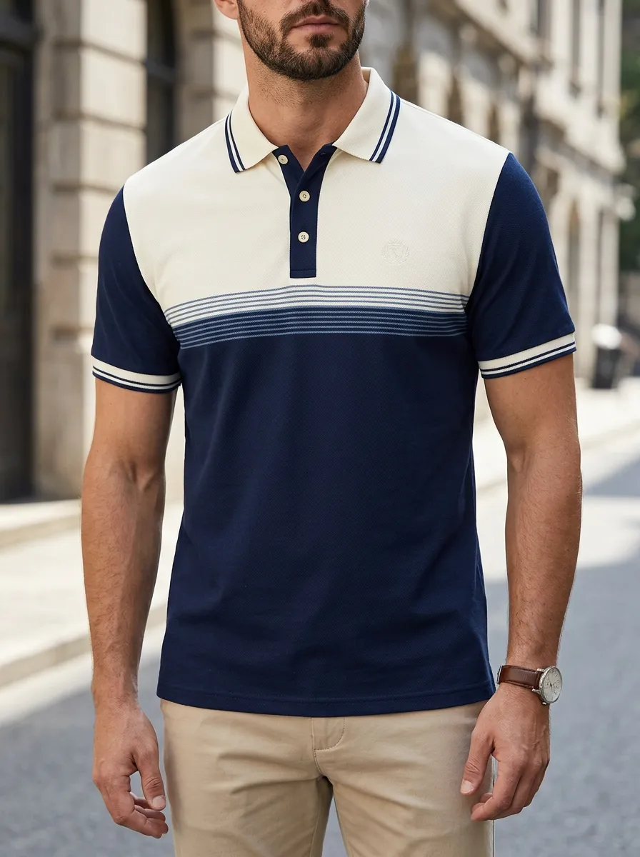 Men's Textured Colorblock Striped Polo Shirt