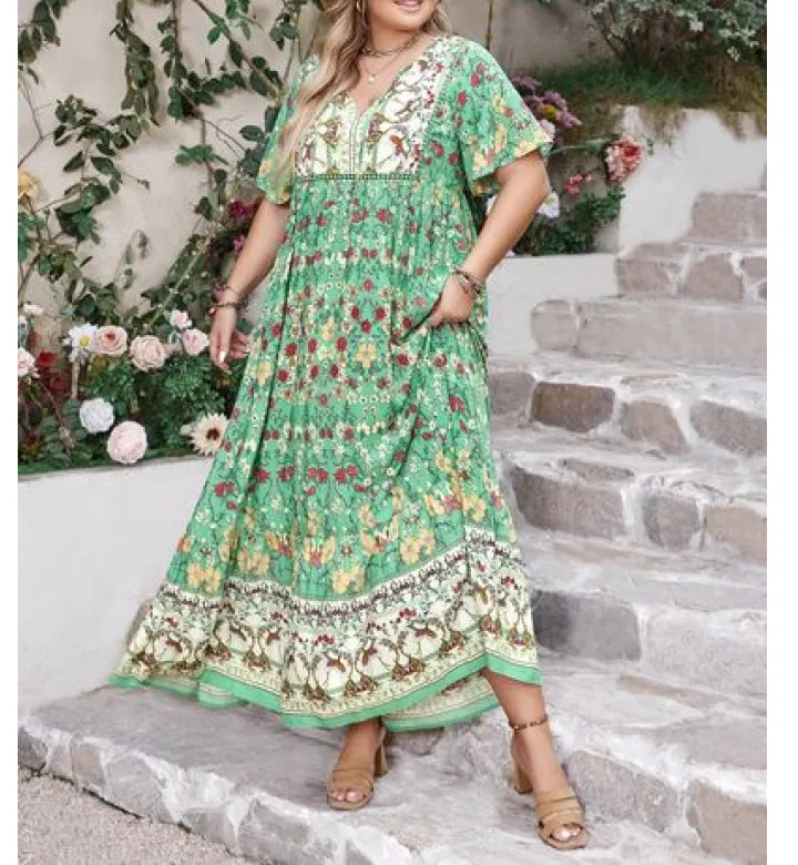 Plus Size Floral Tie Neck Flutter Sleeve Maxi Dress