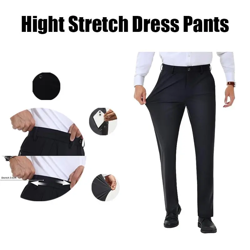 Men's No-Iron Stretch Dress Pants | Expandable Waist Flat Front Golf Pants for Business & Casual Wear