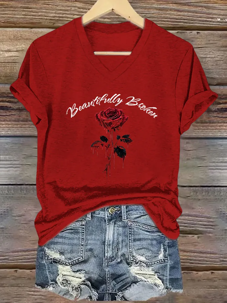 Women's Beautifully Broken Rose V - Neck Tee