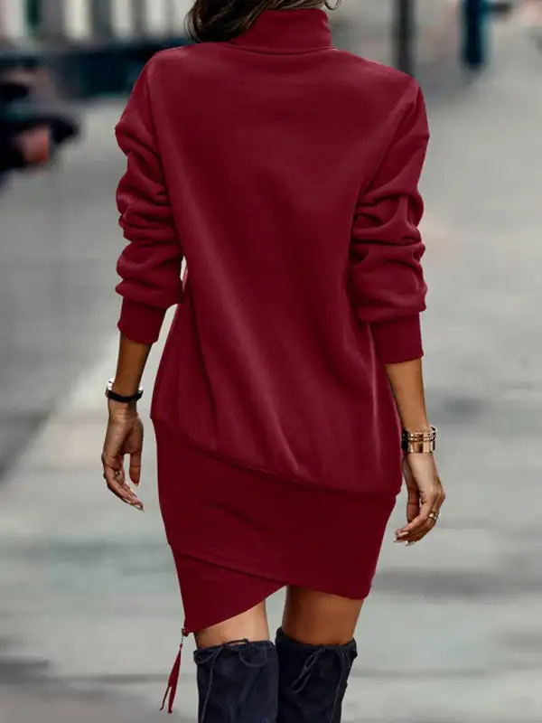 Casual Long Sleeve Solid Color High Neck Mini Dress