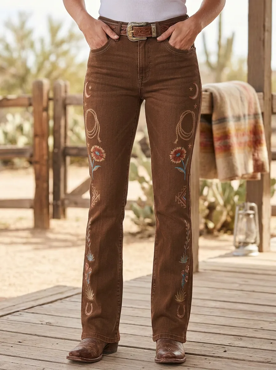 Women's Western Cowboy Lasso Moon Floral Jeans