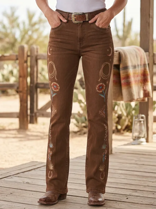 Women's Western Cowboy Lasso Moon Floral Jeans
