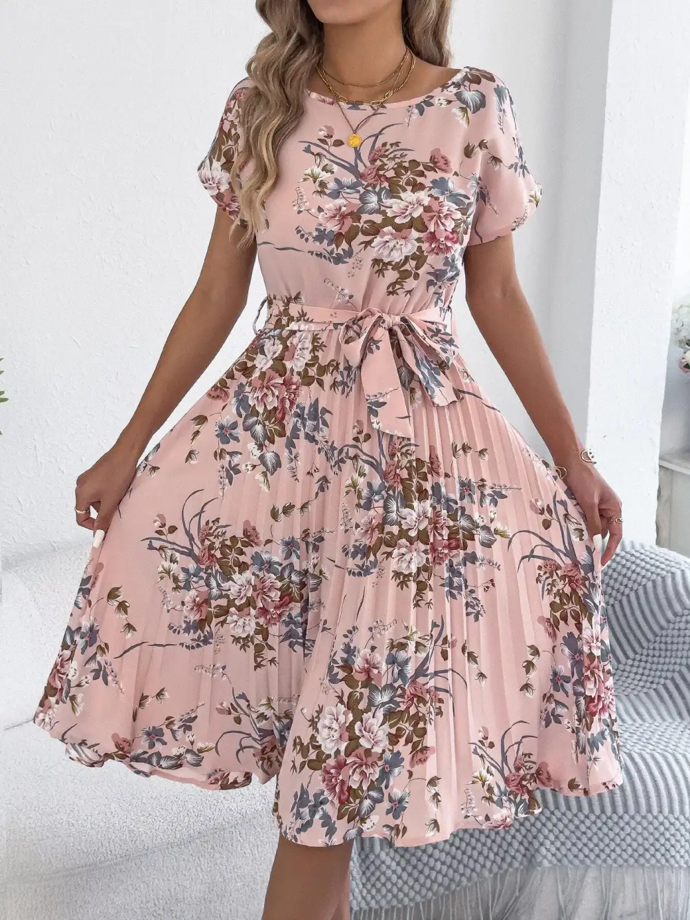 Print Pleated A-line Midi Dress