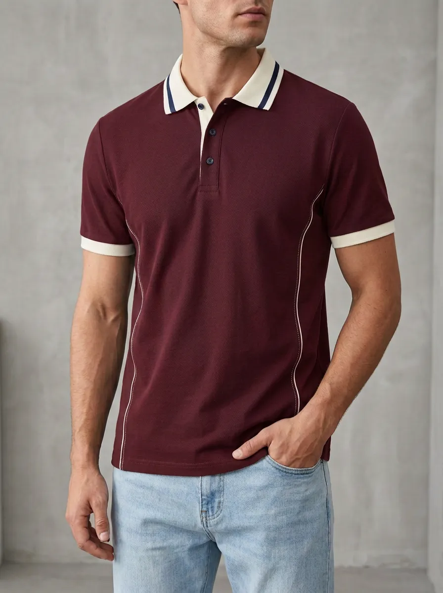 Men's Knit Ribbed Textured Contrast-Piping Contrast-Trim Running Graphic Polo Shirt